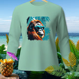Light green long sleeve shirt with orangutan wearing sunglasses graphic.