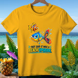 Yellow t-shirt with cartoon fish graphic and text 