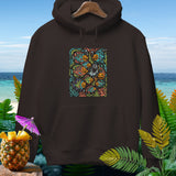 Dark brown hoodie with a colorful Halloween sea creature and pumpkin graphic.