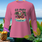 Pink long-sleeve shirt with a sloth on an island and 