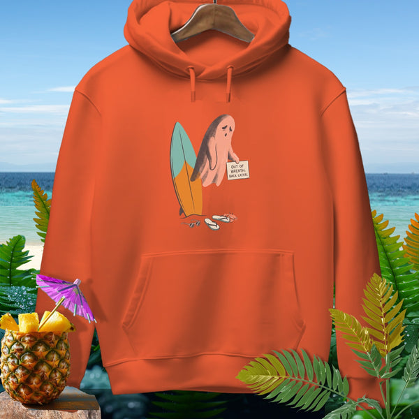 Orange hoodie with a cartoon ghost, surfboard, and sign reading "OUT OF BREATH. BACK LATER."
