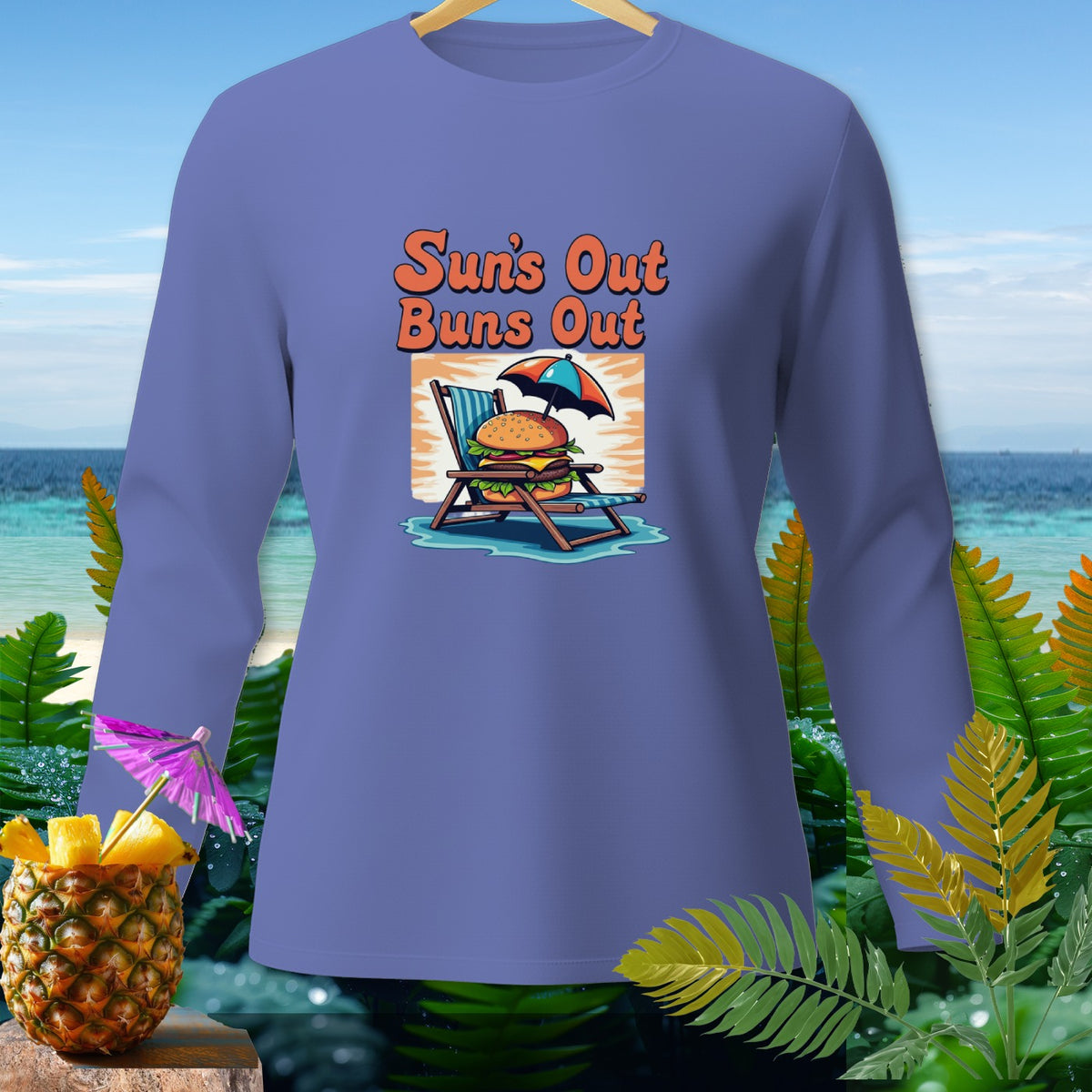 Purple long-sleeve shirt with "Sun's Out Buns Out" text and burger graphic.