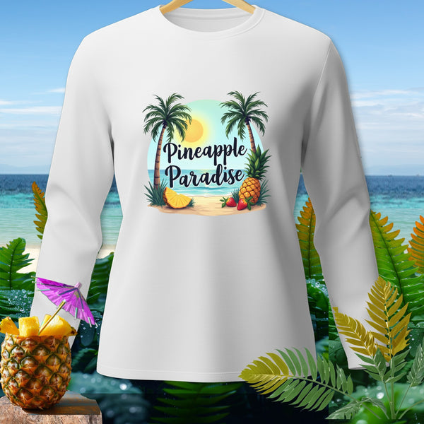 White long-sleeved shirt with "Pineapple Paradise" beach graphic.