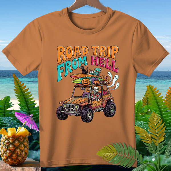 Orange t-shirt with "ROAD TRIP FROM HELL" text and skeleton driving a jeep.