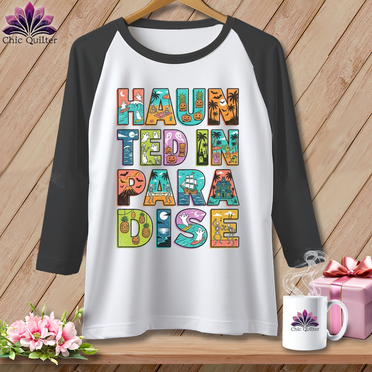 Baseball raglan shirt with "Haunted in Paradise" text and Halloween motifs.