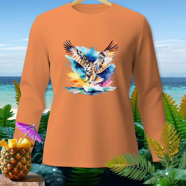 Orange long-sleeve shirt with a watercolor owl mid-flight on a tropical beach background.