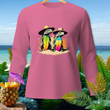 Pink long-sleeve shirt with two iguanas holding surfboards on a beach.