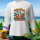 White long-sleeve shirt with a cartoon tiger holding a torch, text 