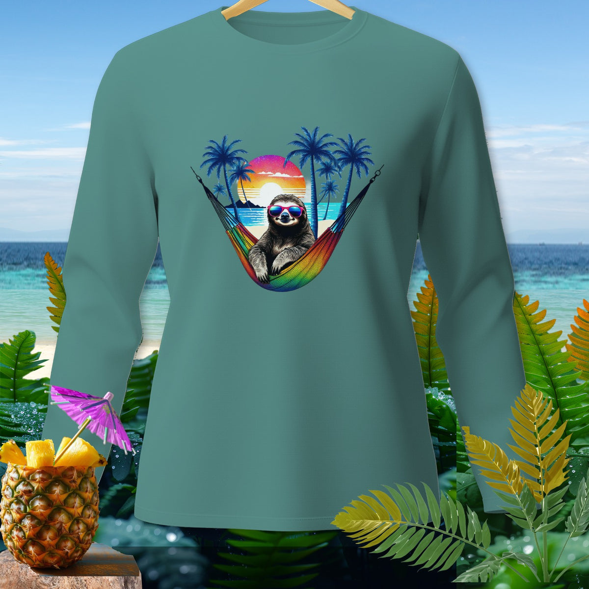 Sloth in sunglasses relaxing in a rainbow hammock on a tropical beach sunset.