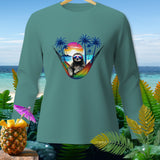 Sloth in sunglasses relaxing in a rainbow hammock on a tropical beach sunset.