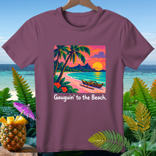 Maroon t-shirt with tropical beach sunset art and text "Gauguin' to the Beach."