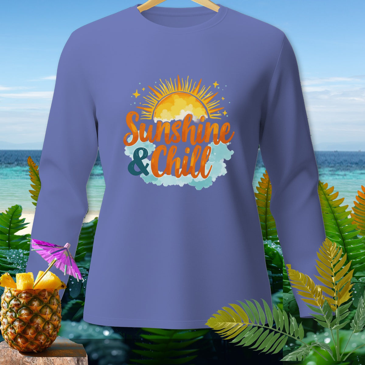 Purple long sleeve shirt with "Sunshine & Chill" graphic and tropical background.