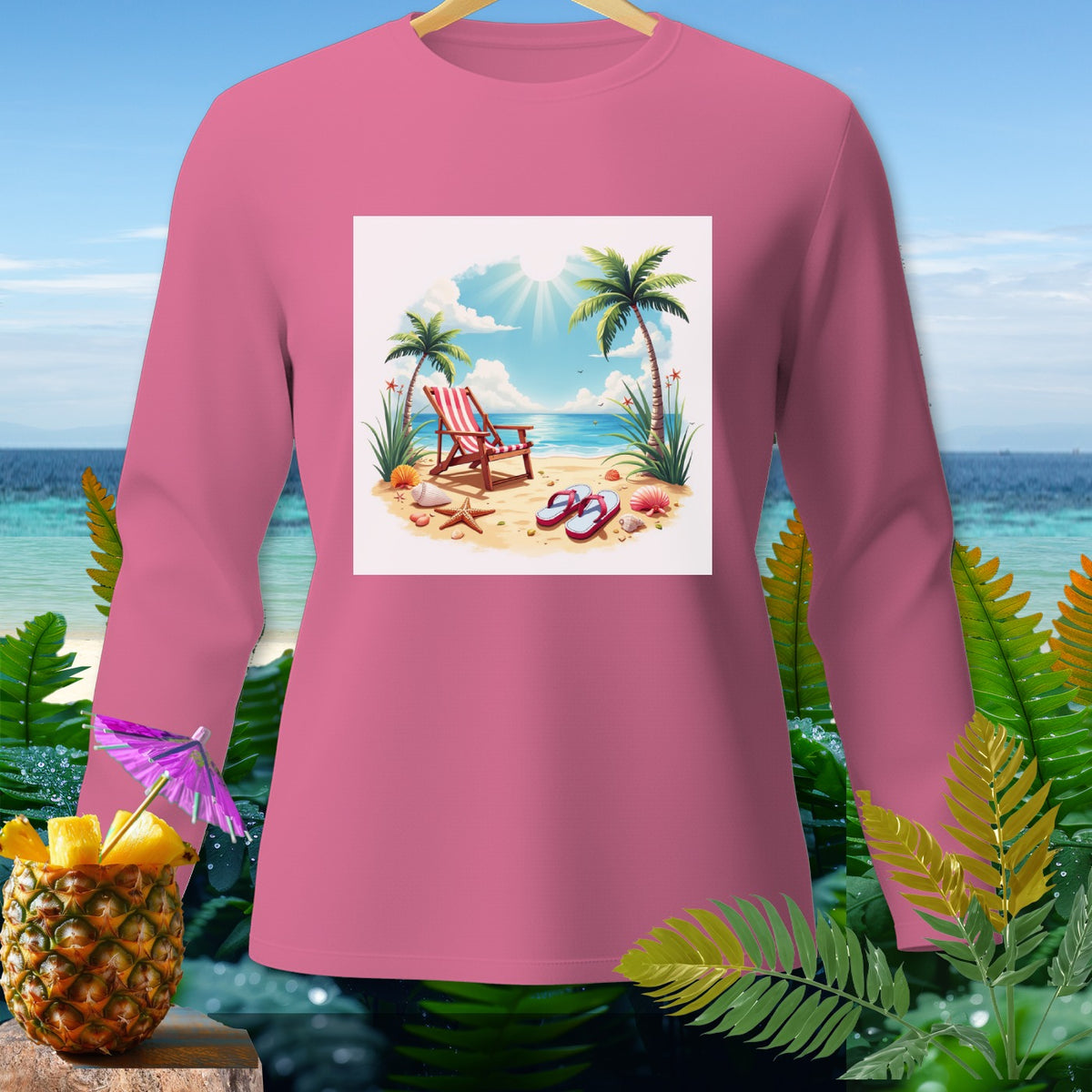 Pink long-sleeve shirt with a beach scene graphic: lounge chair, palm trees, and flip-flops.
