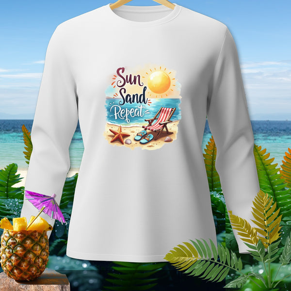 White long-sleeve shirt with "Sun Sand Repeat" beach graphic and tropical accents.