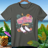 Ghosts relaxing on beach chairs under a 