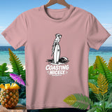 Pink t-shirt with a graphic of a parrot on a surfboard and the text 