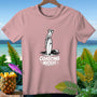 Pink t-shirt with a graphic of a parrot on a surfboard and the text "COASTING NICELY".