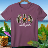 T-shirt with three turtles holding drinks and the text 