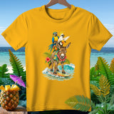 Donkey surfing with parrots and toucan on a tropical beach scene.