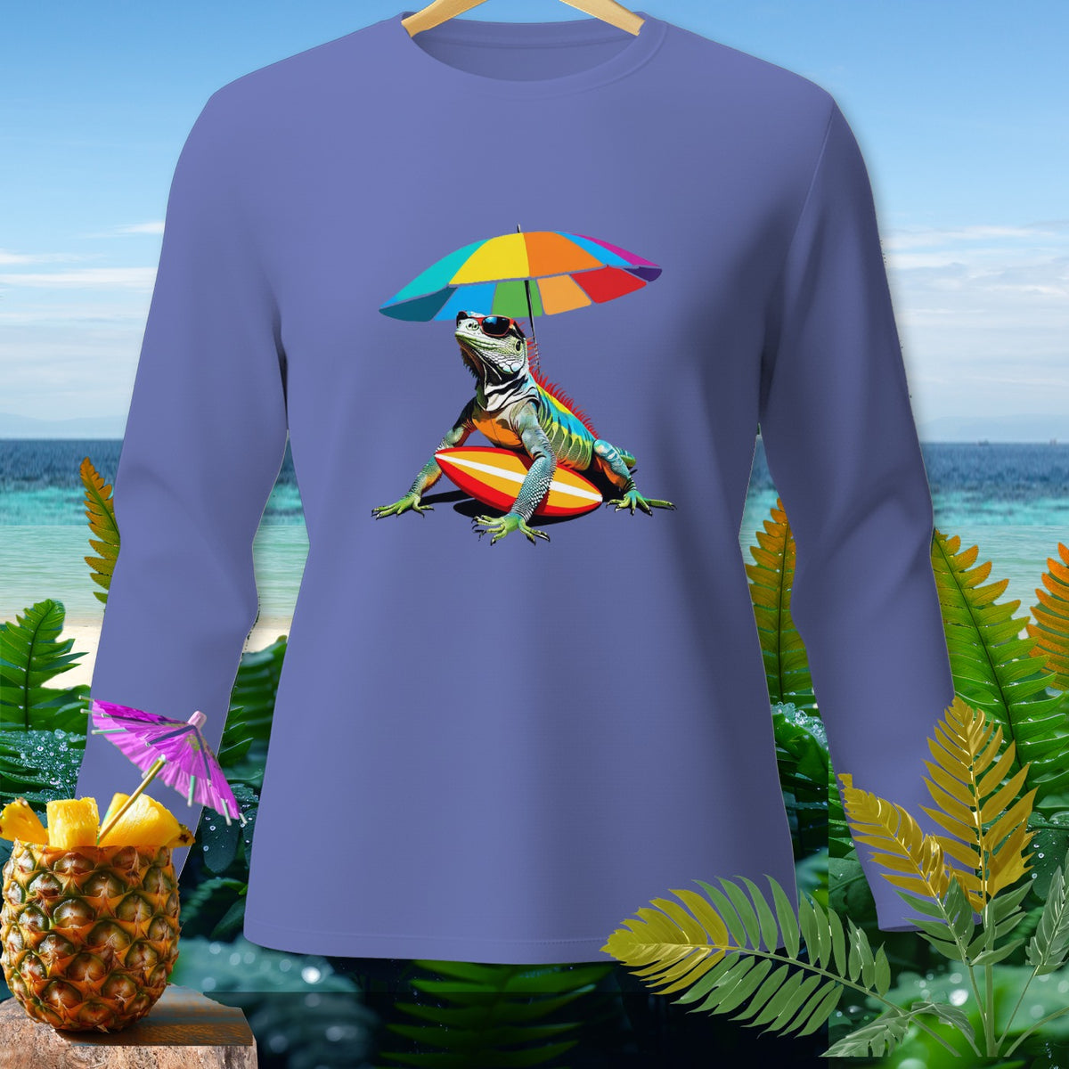 Purple long-sleeve shirt with a graphic of a surfing iguana under a rainbow umbrella.