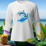 White long-sleeve shirt with a jumping dolphin and wave graphic.
