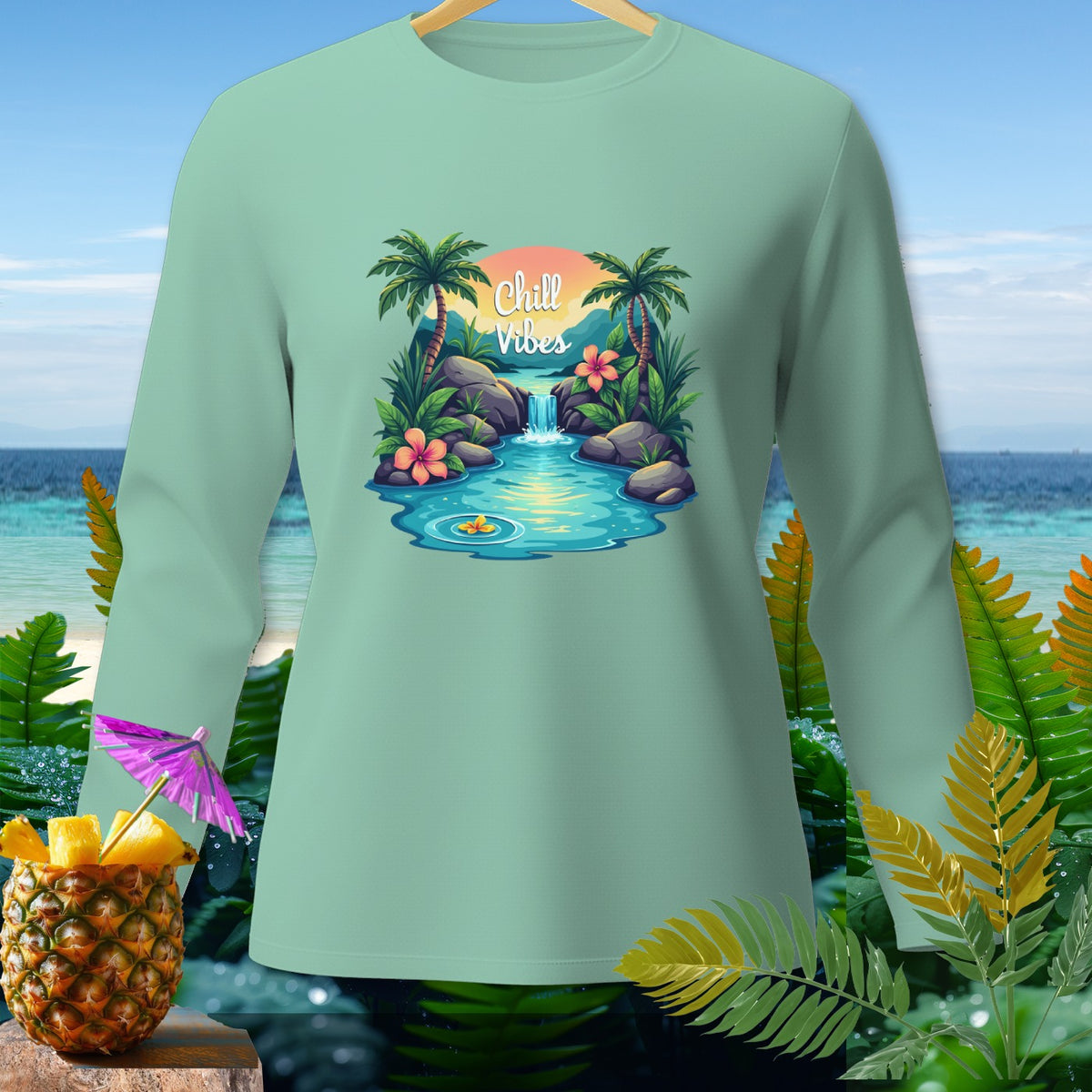 Light green long-sleeve shirt with "Chill Vibes" tropical waterfall graphic.