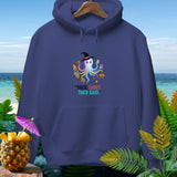 Navy hoodie with an octopus graphic and the text 