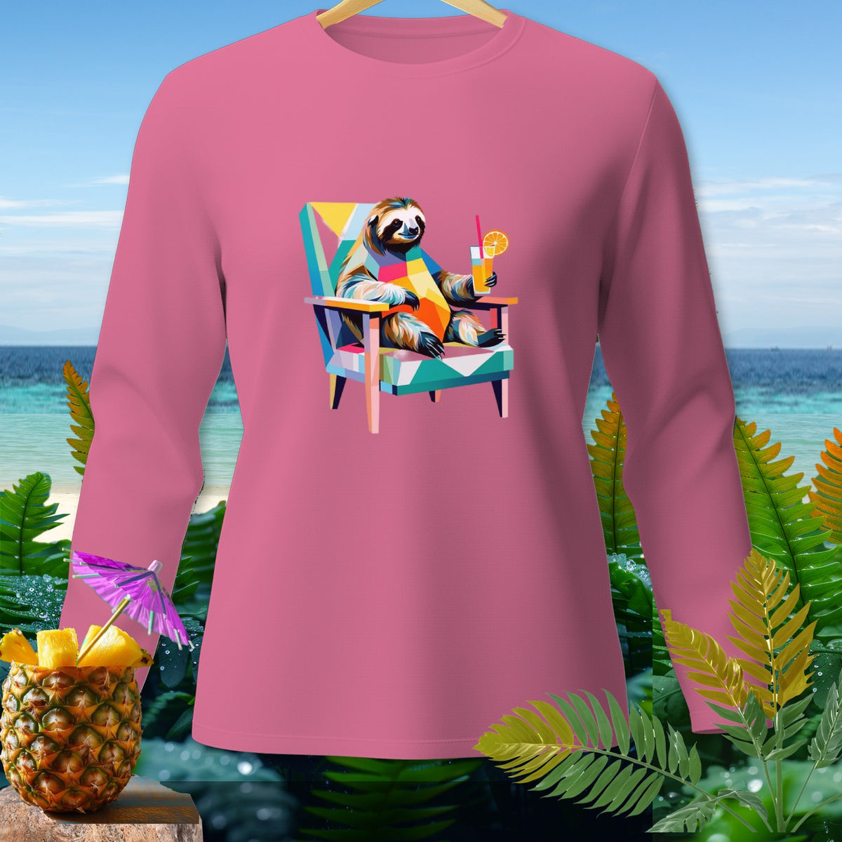 Pink long-sleeve shirt featuring a colorful sloth relaxing in a chair with a drink.