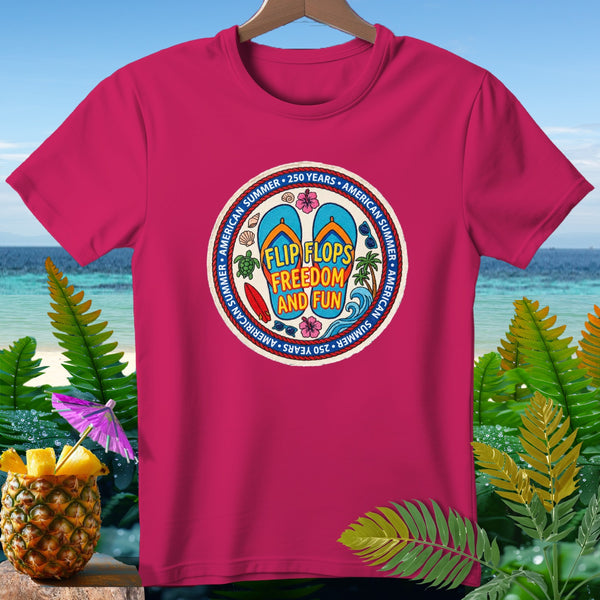 Pink t-shirt with circular graphic featuring flip flops, text, and beach elements.