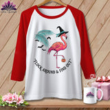 T-shirt with pink flamingo in witch hat, holding pumpkin, with text 