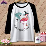 Black and white raglan t-shirt with Halloween flamingo graphic and text.