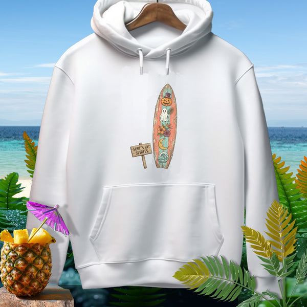 White hoodie with a surfboard graphic featuring Halloween elements and text.