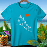 Turquoise t-shirt with white palm trees, orange sun, and tropical beach background.