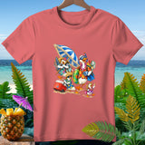 T-shirt with cartoon ducks in Hawaiian shirts on a beach with a cooler and umbrella.