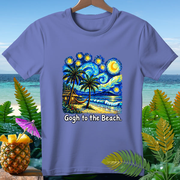 T-shirt with starry night beach scene, palm trees, hammock, and text "Gogh to the Beach."