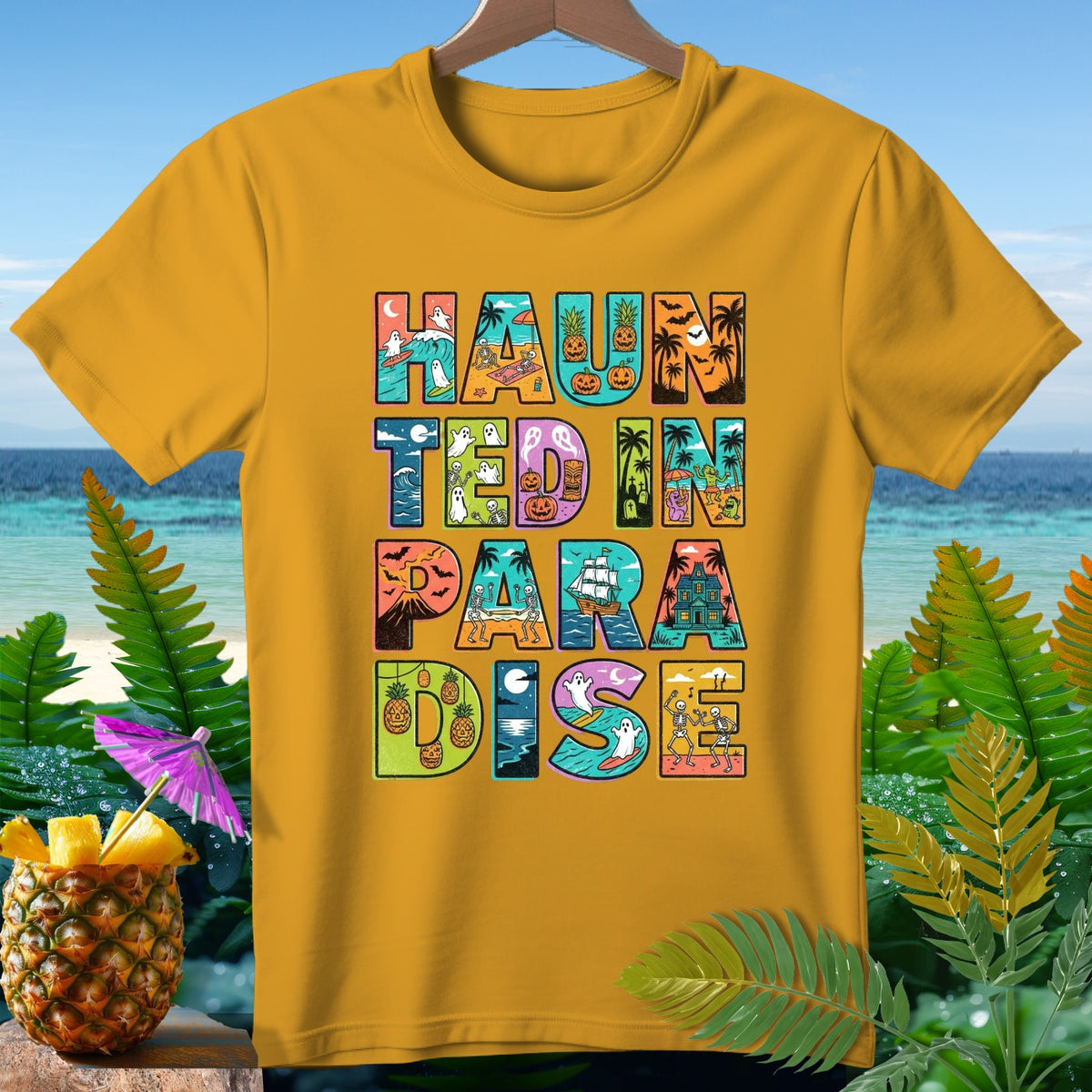 Yellow t-shirt with "HAUNTED IN PARADISE" text and Halloween beach graphics.