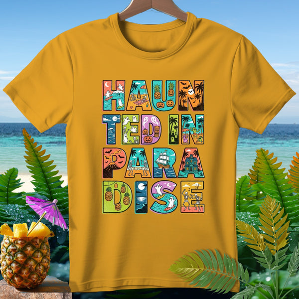 Yellow t-shirt with "HAUNTED IN PARADISE" text and Halloween beach graphics.