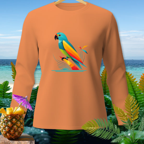 Orange long-sleeve shirt featuring a geometric parrot design.