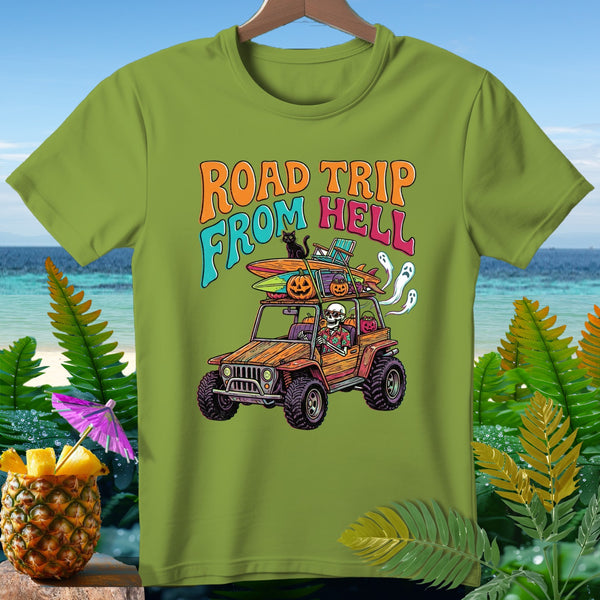 T-shirt graphic with orange text "ROAD TRIP FROM HELL" and skeleton driving jeep with Halloween decor.
