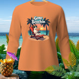 Orange long sleeve shirt with graphic of dog on beach, 