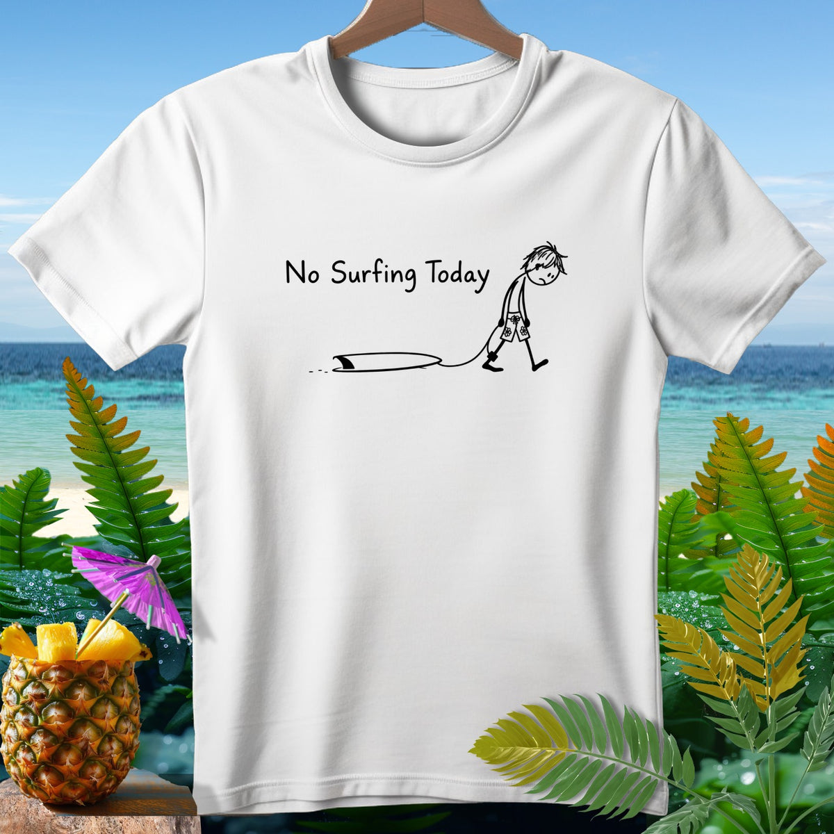 White t-shirt with "No Surfing Today" text and stick figure surfer with surfboard.