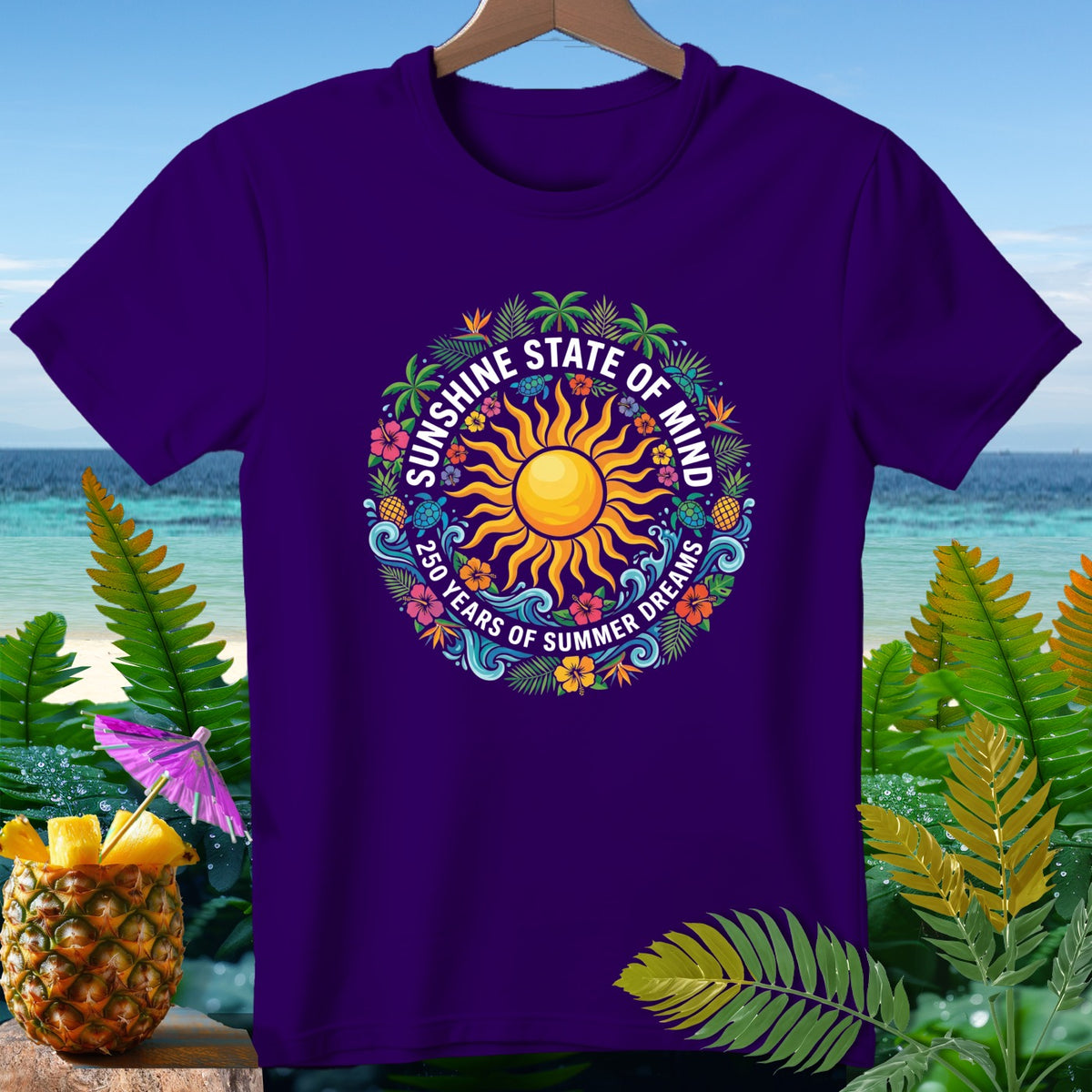 Purple t-shirt with a circular sun, flowers, and "Sunshine State of Mind" text.