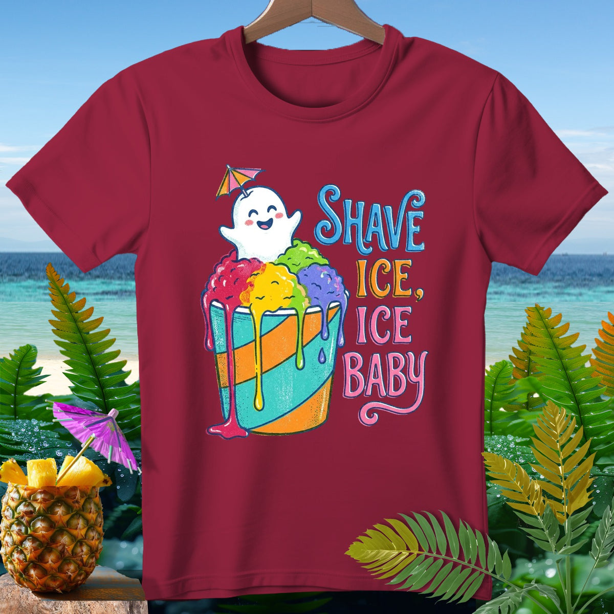 Maroon t-shirt with a cartoon ghost and shave ice, text reads "Shave Ice, Ice Baby."