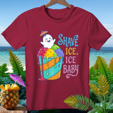 Maroon t-shirt with a cartoon ghost and shave ice, text reads 