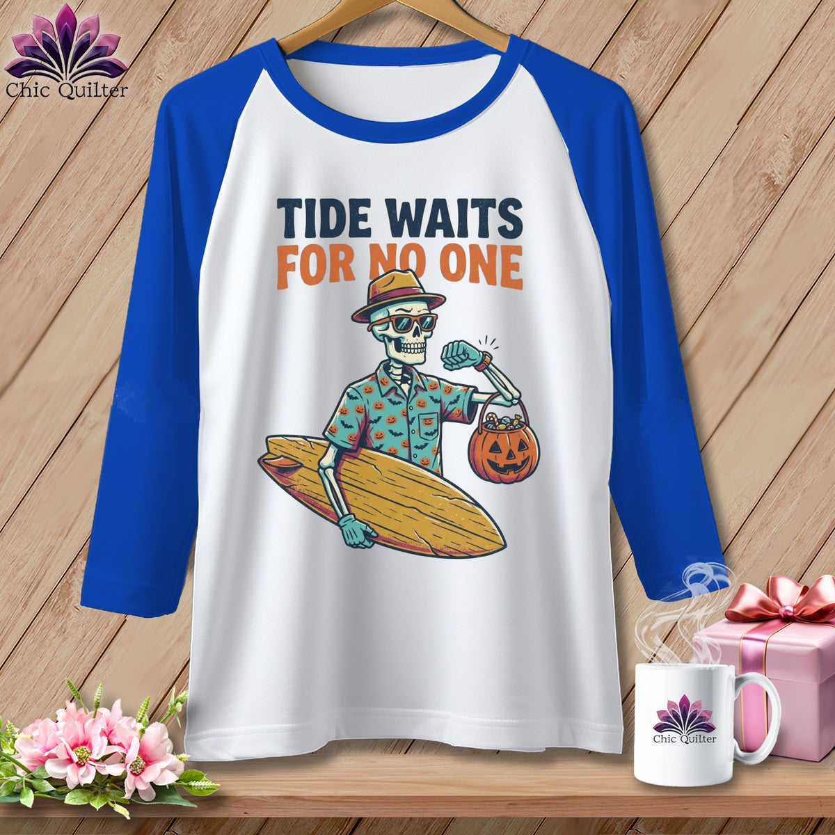 Skeleton in hat and sunglasses holds surfboard and pumpkin candy bucket.