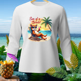 White long-sleeved shirt with cartoon fox on beach chair text 
