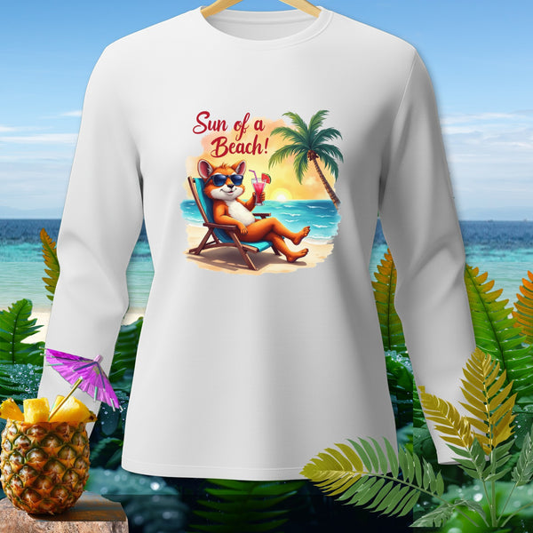 White long-sleeved shirt with cartoon fox on beach chair text "Sun of a Beach!"