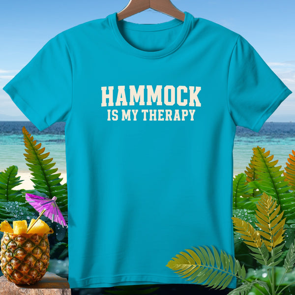 Turquoise t-shirt with white text reading "HAMMOCK IS MY THERAPY".