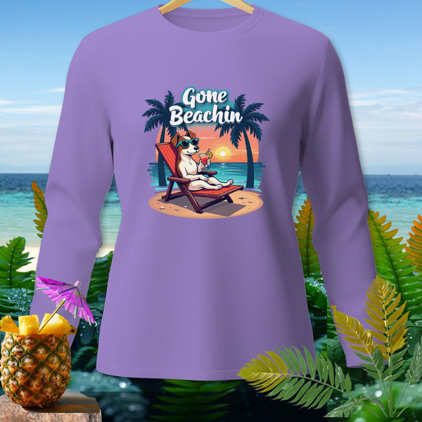 Purple long sleeve shirt with "Gone Beachin" graphic of dog on beach.