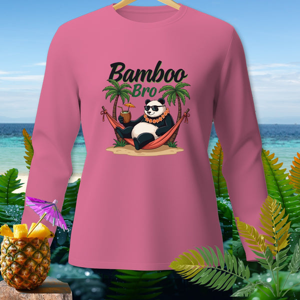 Panda in hammock on beach with "Bamboo Bro" text on pink long-sleeve shirt.